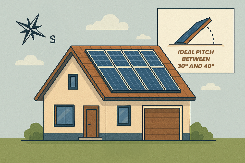 a house with a compass rose, showing optimal (South) install direction and pitch